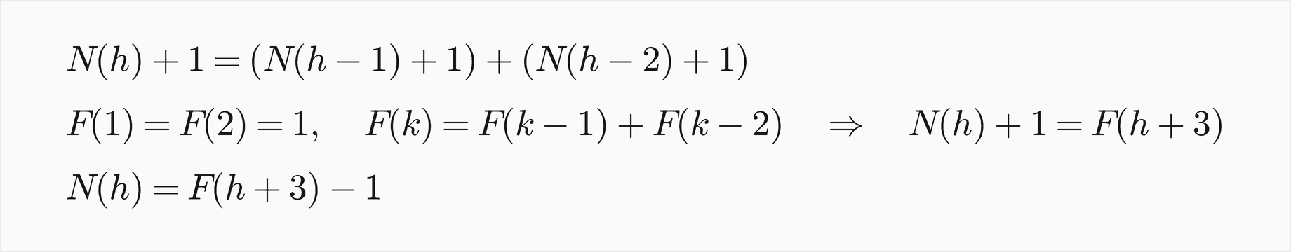 N of h plus 1 equals N of h minus 1 plus 1, plus N of h minus 2 plus 1; with F of 1 and F of 2 equal to 1 and each Fibonacci number the sum of the two before it, N of h plus 1 is F of h plus 3, so N of h is F of h plus 3 minus 1