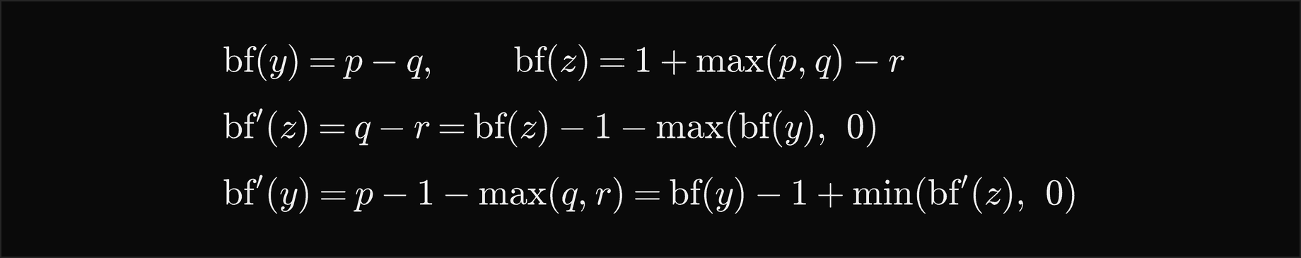The factor of y is p minus q and the factor of z is 1 plus the larger of p and q, minus r; after the rotation the factor of z is q minus r, which equals the old factor of z minus 1 minus the larger of the factor of y and 0; the new factor of y is p minus 1 minus the larger of q and r, which equals the old factor of y minus 1 plus the smaller of the new factor of z and 0