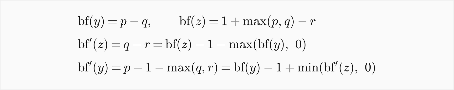 The factor of y is p minus q and the factor of z is 1 plus the larger of p and q, minus r; after the rotation the factor of z is q minus r, which equals the old factor of z minus 1 minus the larger of the factor of y and 0; the new factor of y is p minus 1 minus the larger of q and r, which equals the old factor of y minus 1 plus the smaller of the new factor of z and 0