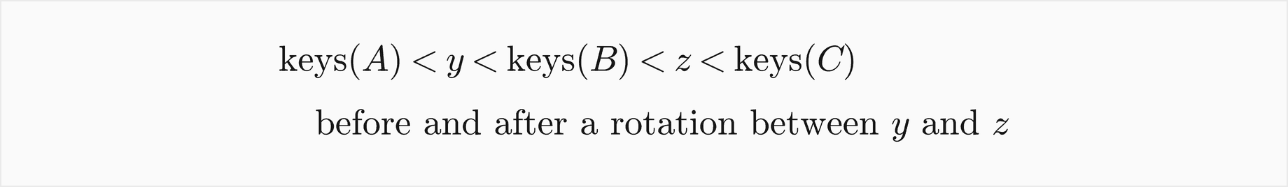 The keys of A are less than y, which is less than the keys of B, which are less than z, which is less than the keys of C, before and after a rotation between y and z