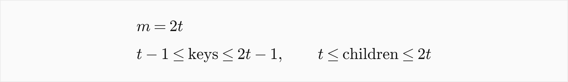 The order m equals 2t; a node holds between t minus 1 and 2t minus 1 keys and between t and 2t children
