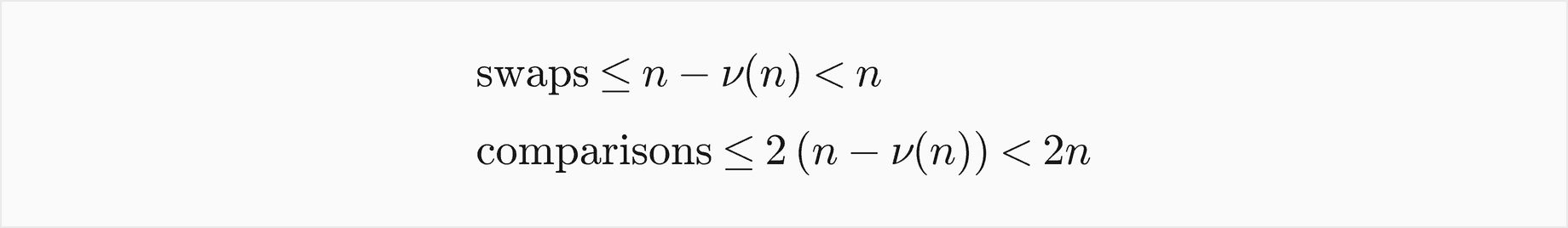 The number of swaps is at most n minus nu of n, which is less than n; the number of comparisons is at most 2 times n minus nu of n, which is less than 2n