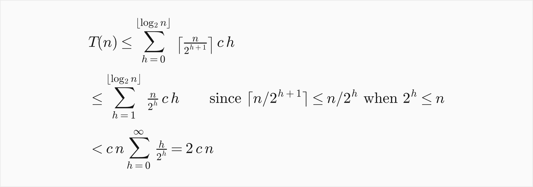T of n is at most the sum over h from 0 to the floor of log base 2 of n of the ceiling of n over 2 to the h plus 1, times c h; that is at most the sum over h from 1 of n over 2 to the h times c h, since the ceiling is at most n over 2 to the h when 2 to the h is at most n; and that is less than c n times the infinite sum of h over 2 to the h, which is 2 c n
