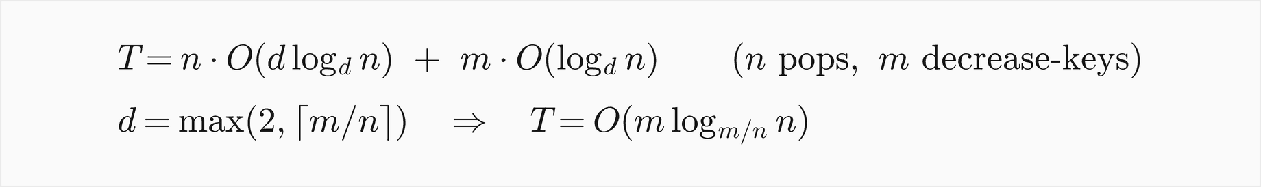 With n pops costing d log base d of n each and m decrease-keys costing log base d of n each, the time is n times O of d log base d of n plus m times O of log base d of n; choosing d as the maximum of 2 and the ceiling of m over n gives O of m log base m over n of n
