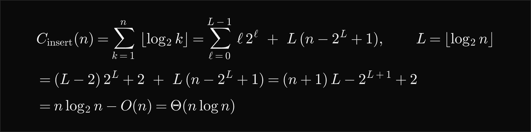 The worst-case comparisons of n insertions are the sum over k from 1 to n of the floor of log base 2 of k; grouping by level, that is the sum over levels l below L of l times 2 to the l, plus L times n minus 2 to the L plus 1, with L the floor of log base 2 of n; which equals L minus 2 times 2 to the L plus 2, plus L times n minus 2 to the L plus 1, which is n plus 1 times L, minus 2 to the L plus 1, plus 2; which is n log base 2 of n minus O of n, Theta of n log n