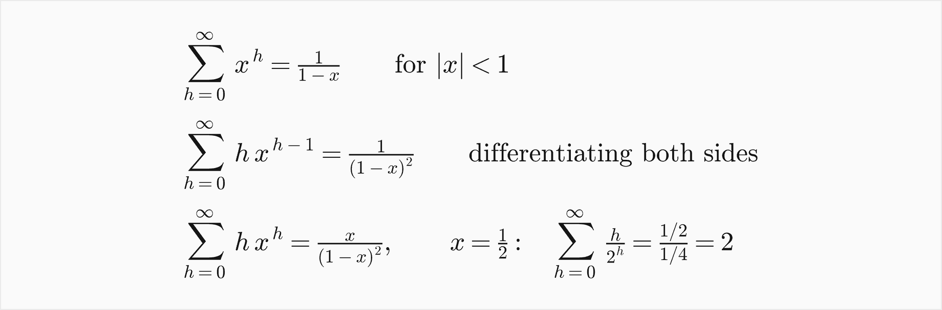 The sum of x to the h for h from 0 is 1 over 1 minus x when the absolute value of x is less than 1; differentiating both sides gives the sum of h x to the h minus 1 equals 1 over 1 minus x squared; multiplying by x and setting x to one half gives the sum of h over 2 to the h equal to one half over one quarter, which is 2