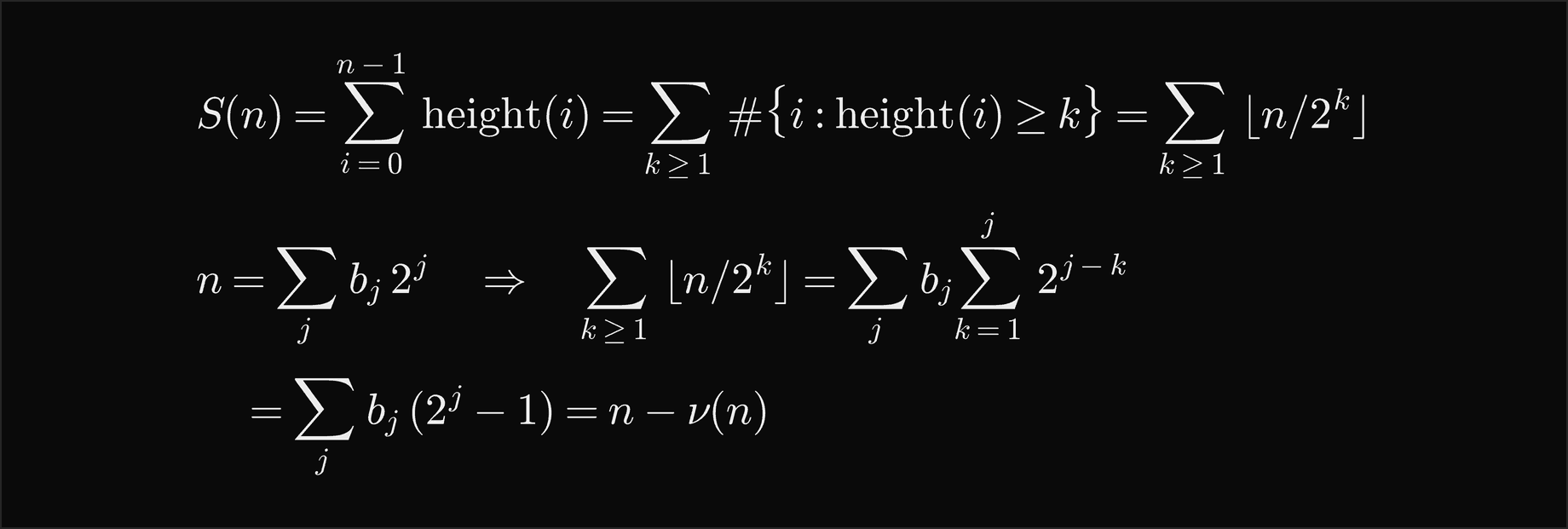 The sum of the heights S of n equals the sum over k at least 1 of the number of nodes of height at least k, which is the sum over k of the floor of n over 2 to the k; writing n as the sum of binary digits b j times 2 to the j, that sum equals the sum over j of b j times the sum over k from 1 to j of 2 to the j minus k, which is the sum of b j times 2 to the j minus 1, which is n minus nu of n