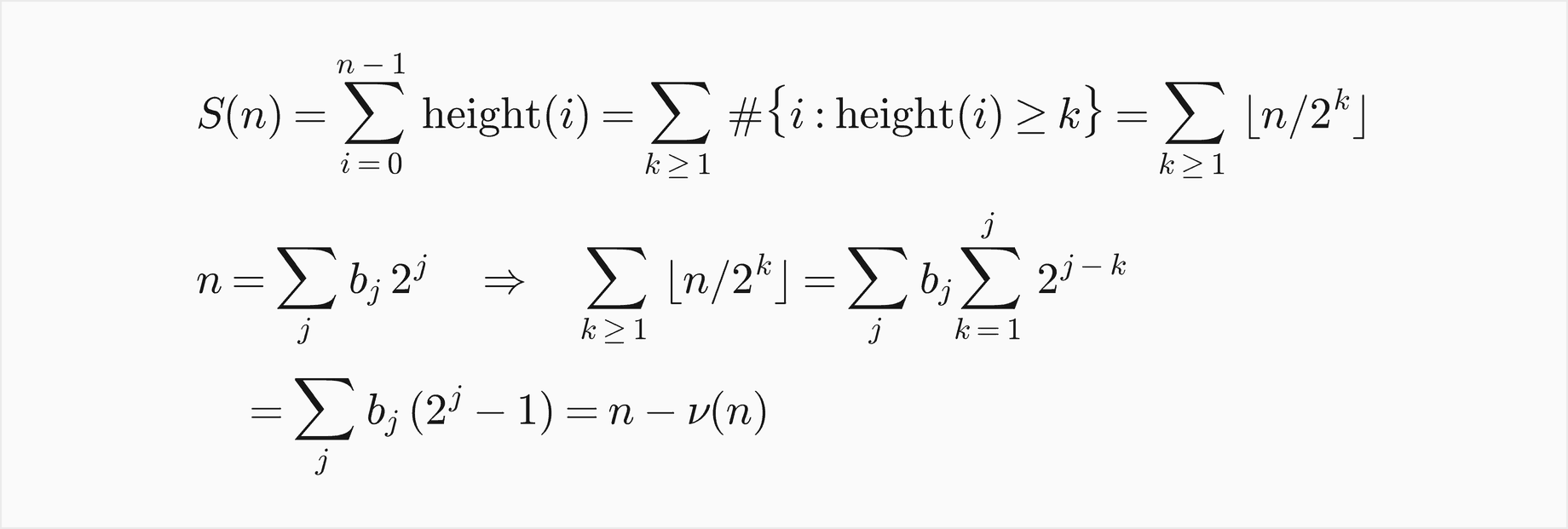 The sum of the heights S of n equals the sum over k at least 1 of the number of nodes of height at least k, which is the sum over k of the floor of n over 2 to the k; writing n as the sum of binary digits b j times 2 to the j, that sum equals the sum over j of b j times the sum over k from 1 to j of 2 to the j minus k, which is the sum of b j times 2 to the j minus 1, which is n minus nu of n