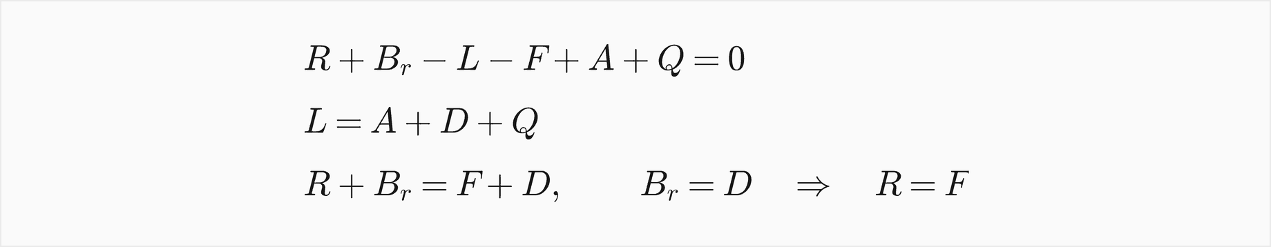 R plus B r minus L minus F plus A plus Q equals 0; L equals A plus D plus Q; therefore R plus B r equals F plus D, and since B r equals D, R equals F