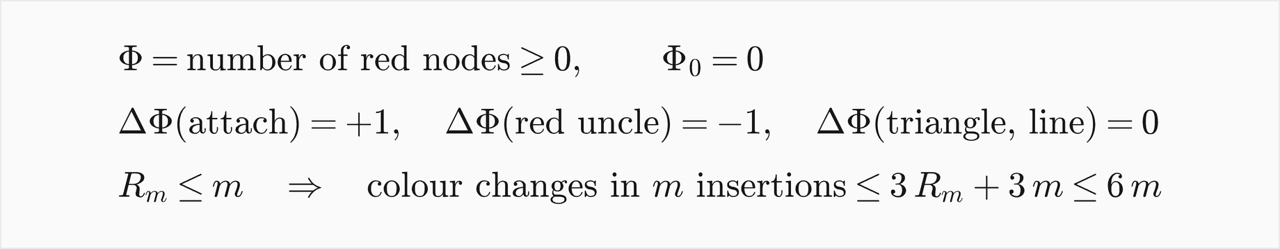 The potential Phi is the number of red nodes, at least 0 and initially 0; attaching changes it by plus 1, a red-uncle step by minus 1, a triangle or line by 0; so R m is at most m, and the colour changes of m insertions are at most 3 R m plus 3 m, at most 6 m