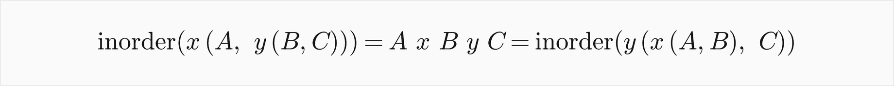 The inorder sequence of x over A and y, with y over B and C, is A x B y C, which is also the inorder sequence of y over x and C, with x over A and B